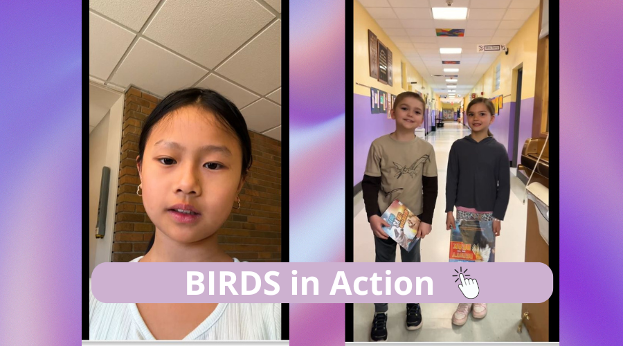 BIRDS in action. Click here emoji. Girl looks into cell phone camera. Boy and girl holding library books in a hallway.
