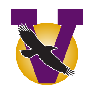 Voorheesville Central School District log of the letter V, a blackbird, and a golden orb.