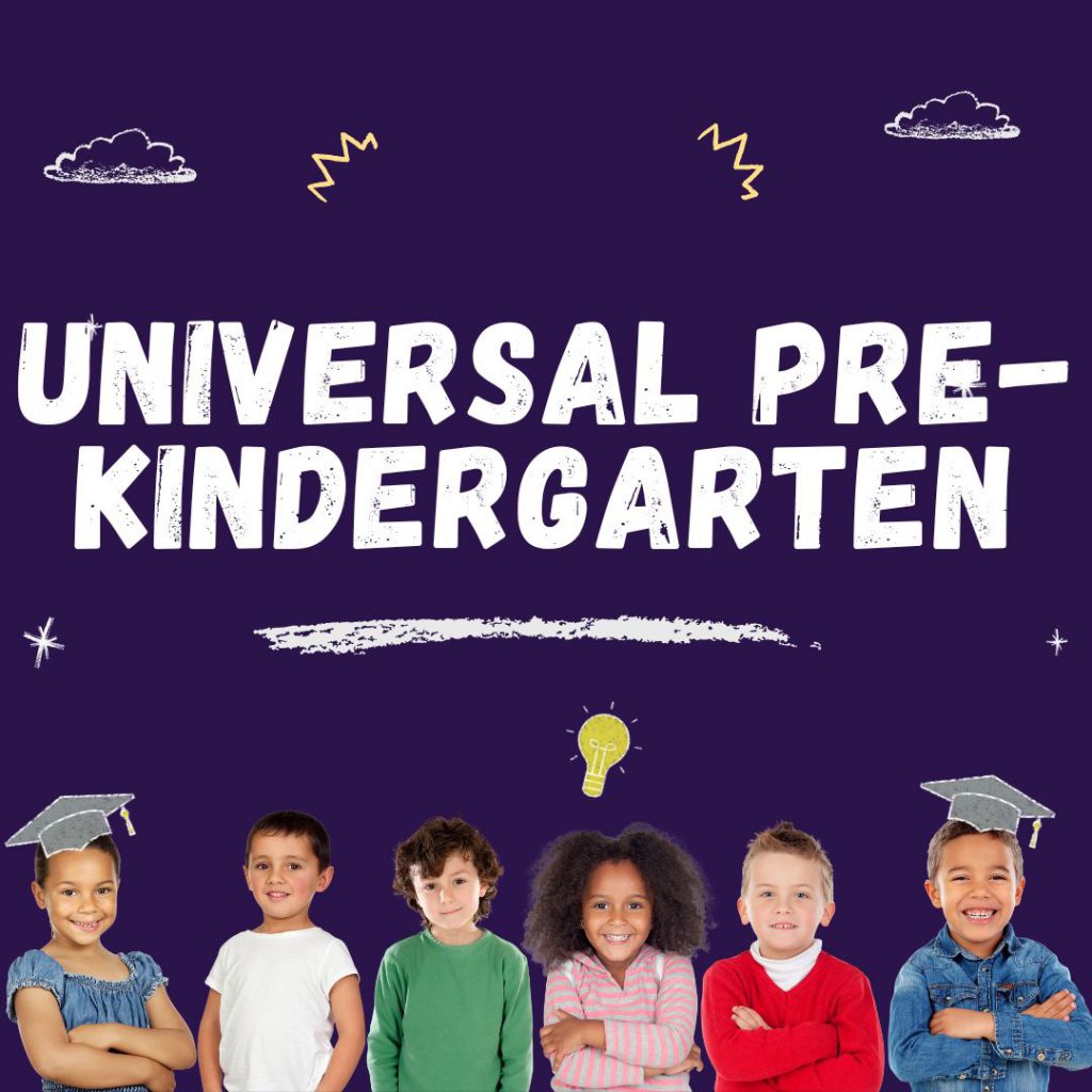 Universal Pre-Kindergarten. Six young children stand in a row. Two have chalkboard graduation caps over their heads. One has a lightbulb above her head.