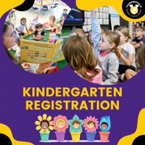 Teacher reading to students, students sitting on carpet and raising their hands, kindergarten registration, five cartoon children faces as centers of potted flowers.