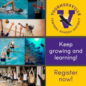 wimmer, basketball at hoop, volleyball players, water aerobics, scuba driver, yoga class, Voorheesville Central School District, keep growing and learning, register now.