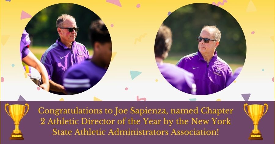 Confetti. Trophies. Joe Sapienza on football field with players. Congratulations to Joe for being named Chapter 2 Athletic Director of the Year by the New York State Athletic Administrators Association.